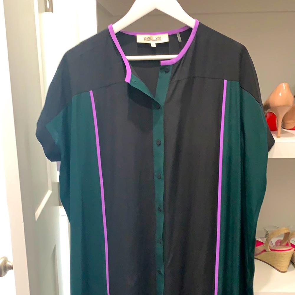 DVF Colorblock shirt dress.  Black, green lilac.